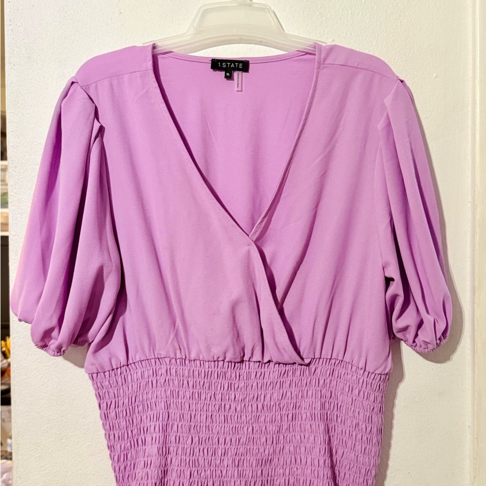 1. State Lavender V-Neck Puff Sleeve Smocked-Waist Blouse